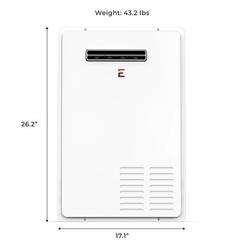 Heavy Duty Outdoor Natural Gas Tankless Water Heater Serving Up 7.0 Gpm Of Rock Solid Hot Water With 180000 Btu, front view, 26.2" x 17.1" size.