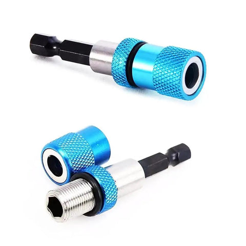 Two sizes of blue Three Pack Magnetic Drill Bit Holder Set For Impact Drivers One Quarter Inch Hex Shank 60mm 100mm 150mm Extensions Cr V Steel Construction Strong Built In Magnet Blue Color Pro Grade For Quick Spotting displayed.