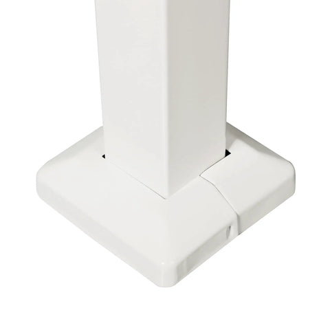 Base detail of Adjustable Three Foot Steel Step Handrail For Outdoor Stairs Compatible With Two Or Three Steps, sturdy white design.