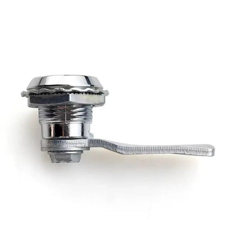 Side view of tough slotted cylinder cam lock for electrical panels in bright chrome zinc alloy build, built to last, rustproof and water resistant