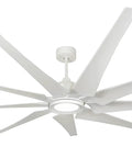 Eighty Two Inch Pure White Indoor Outdoor Smart Ceiling Fan With Built In Led Lighting And Smart App Control showcasing nine blades and a sleek design.