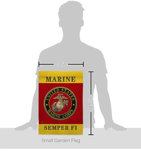 Semper Fi Two Sided Garden Flag For Lawn And House Decor 13 By 18.5 Inches Weatherproof Polyester Banner For Marine Corps Veterans Made In USA Two Sided Print Fade Resistant shown with dimensions