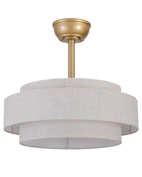 XINGSIYUELYX Ceiling Fan with Light in gold finish, featuring a two-tier white fabric shade, perfect for modern lighting.