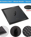 Huge 16 Inch Square Rain Shower Head With Extension Arm In Matte Black Stainless Steel For Full Body Coverage And Powerhouse Water Flow Ultra Thin Design Delivers Spa Like Rainfall Experience shown with silicone nozzles and stainless steel material.