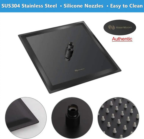 Huge 16 Inch Square Rain Shower Head With Extension Arm In Matte Black Stainless Steel For Full Body Coverage And Powerhouse Water Flow Ultra Thin Design Delivers Spa Like Rainfall Experience shown with silicone nozzles and stainless steel material.