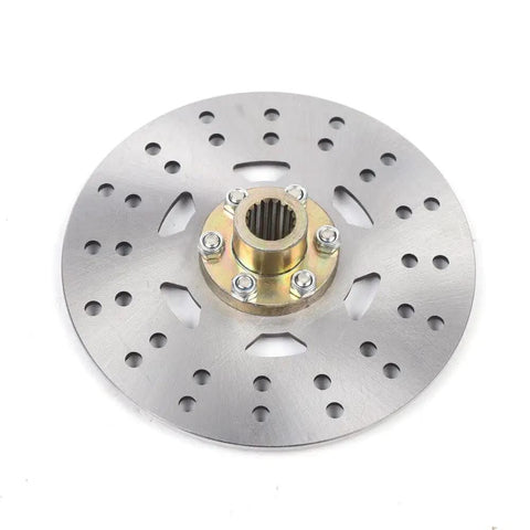 Go Kart Rear Axle Kit 29 Inch 740mm Complete Live Hub With Brake Assembly Pillow Blocks T8F Sprocket 58T brake disc close-up view