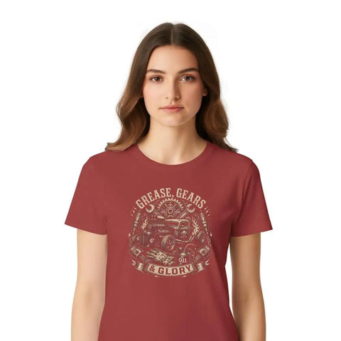 Vintage Engineer T-Shirt With Retro Hot Rod Emblems Gear And Grease Designs Perfect Gift For Auto Mechanics, red cotton tee on model.