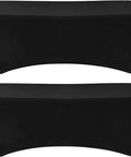 Two-pack black stretch tablecloths tightly fitted on 6ft tables, showcasing Rectangular Fitted Spandex Table Covers For 6ft Tables Two Pack Black Stretch Tablecloth For Weddings, Parties, Events, Patio And Folding Tables Tight Fit Durable Reusable And Easy To Clean for events.