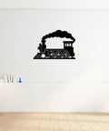 Steam Locomotive Metal Wall Art For Indoor Outdoor Decor Rustic Industrial Silhouette Sign Black 16 Inch displayed on wall