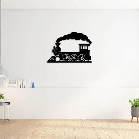 Steam Locomotive Metal Wall Art For Indoor Outdoor Decor Rustic Industrial Silhouette Sign Black 16 Inch displayed on wall