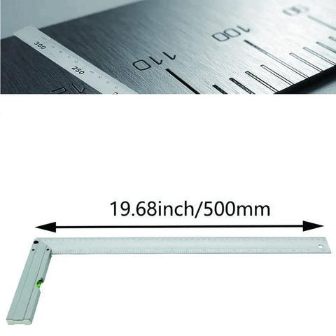 Top Shelf Heavy Duty Stainless Steel L Square Ruler 90 Degree Layout Measuring Tool For Carpenters And Engineers With Dual Scale And Rust Resistant Finish, displaying 500mm dual scale.