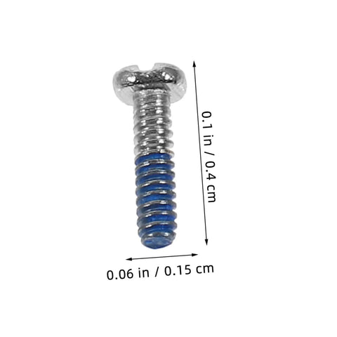 Close-up of a small metallic screw from a Glasses Repair Screws Kit, 100 Piece Eyeglass Screw Set For Glasses And Sunglasses.