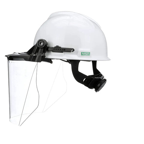 V-Gard Accessory System Kit with white cap, clear polycarbonate visor, and frame for slotted caps, side view