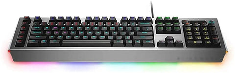 Rig Ready Wired Mechanical Keyboard With Custom RGB Modes Snappy Clicky Switches Direct Hookup Layout showing RGB keys and angled foot rest.