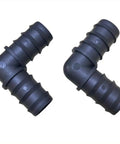Two barbed elbow connectors from Large Size 10 Piece Drip Irrigation Barbed Elbow Fittings Kit For 1 Inch Tubing 25mm OD 0.75 Inch ID Easy Install Leak Free Connectors For Garden Farm Sprinkler System.