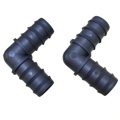 Two barbed elbow connectors from Large Size 10 Piece Drip Irrigation Barbed Elbow Fittings Kit For 1 Inch Tubing 25mm OD 0.75 Inch ID Easy Install Leak Free Connectors For Garden Farm Sprinkler System.