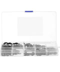 Open box of 340 Piece Push On Locking Washers Kit With Black Tooth Washers, Pro Grade Assorted Sizes For Industrial Fastening And Plumbing