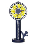 Handheld USB fan with yellow blades and blue zipper design.