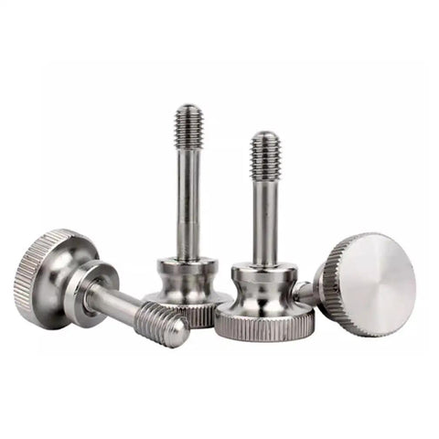 Set Of Four M4 Captive Thumb Screws Stainless Steel Knurled Panel Fasteners showing sleek design and knurled grip for equipment cases.