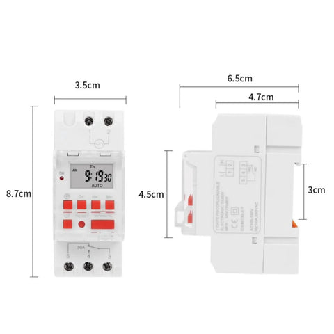 Programmable Digital Timer Switch 85 To 265V 30A With LCD Countdown Display, 24 Hours 7 Days Scheduling, front and side view