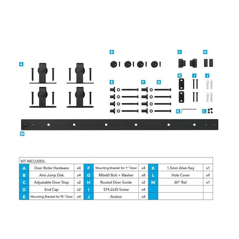 60 Inch Mini Barn Door Hardware Kit For Double Cabinet Doors Top Mount Matte Black Finish Trim To 55 Inches components layout