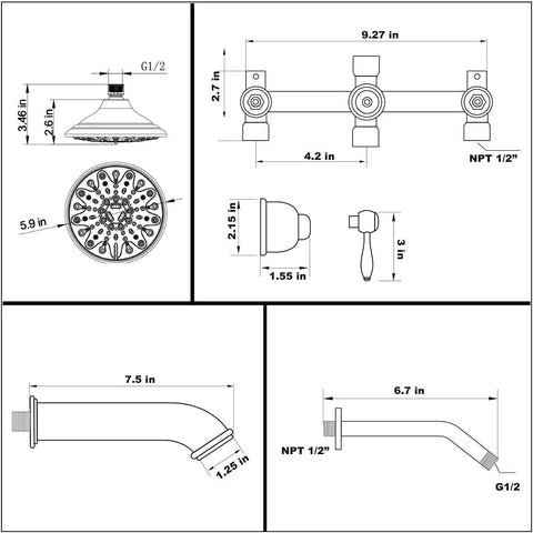 Dimension diagram for Three-Handle Tub And Shower Faucet Set In Brushed Nickel With Tub Spout and Trim Kit With Valve