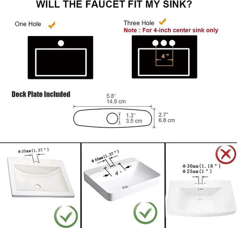 Diagram showing sink compatibility for Chrome Waterfall Bathroom Faucet With Single Lever Handle Dope Sleek Deck Mount Lavatory Sink