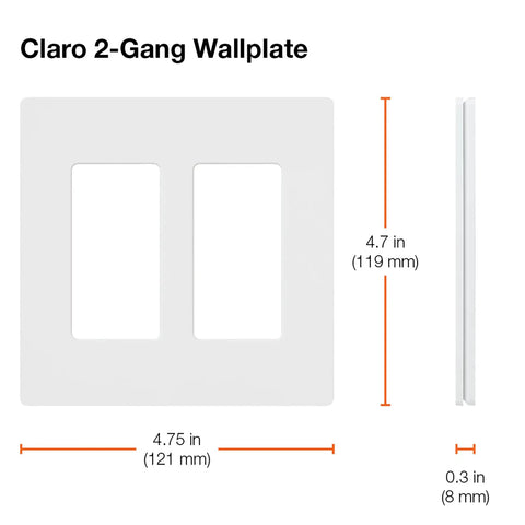 White Claro 2 Gang Decorator Wall Plate 12 Pack For Light Switches Dimmers And Accessories Snap On Cover Guard dimensions shown
