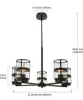 Five Light Pendant Lighting Fixture With Vintage Farmhouse Clear Glass Shades, black finish showing dimensions