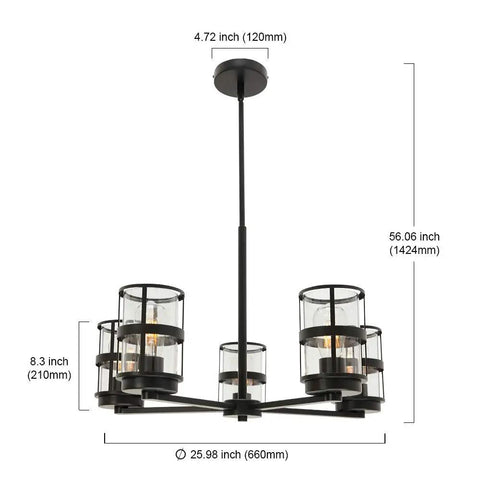 Five Light Pendant Lighting Fixture With Vintage Farmhouse Clear Glass Shades, black finish showing dimensions