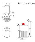 Technical diagram of Versatile Tubular Cam Cylinder Lock Kit In 16mm size with dimensions for mailbox, drawer, cabinet installation.