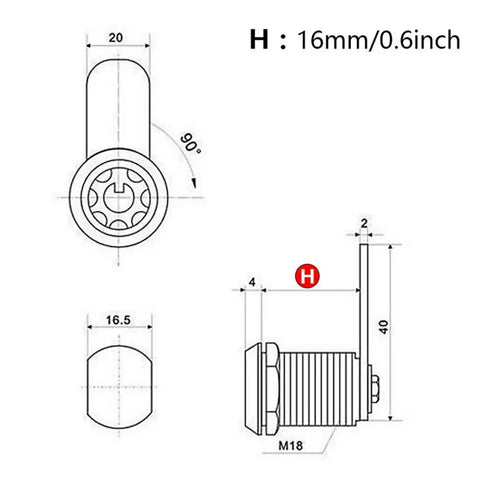 Technical diagram of Versatile Tubular Cam Cylinder Lock Kit In 16mm size with dimensions for mailbox, drawer, cabinet installation.
