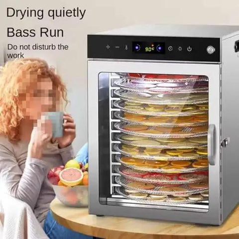 Heavy Duty 12 Tier Stainless Steel Food Dehydrator With Digital Timer And Precise Temperature Controls, displaying stacked trays with dehydrating fruits.