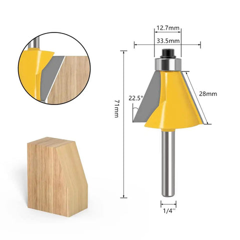 Five Piece Chamfer Router Bit Set With One Quarter Inch Shank For Bevel Edge Forming Angles 11.25 15 22.5 30 45 Degrees Heat Treated Durable Tungsten Carbide Blades For Clean Sharp Edges On Woodworking For DIYers And Pros, close-up view with dimensions.