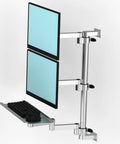 Upgrade Your Desk Game With This Heavy Duty Dual Monitor Arm Stand featuring two monitors and a keyboard tray for ergonomic use.