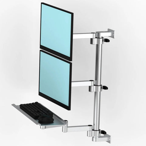 Upgrade Your Desk Game With This Heavy Duty Dual Monitor Arm Stand featuring two monitors and a keyboard tray for ergonomic use.