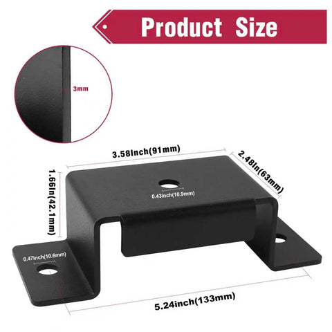 Rock Solid Trailer Stake Pocket Brackets 12 Pack Heavy Steel Inserts For Standard 2x4 Posts And Lumber size specifications on a black powder coated bracket.