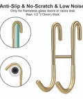 Over Door Shower Hooks 304 Stainless Steel Towel Hangers No Drill Bathroom Hanger for Frameless Doors up to Half Inch Thick Gold Finish 2 Pack with Rubberized Protective Grips showing anti-slip design and protective grip details.