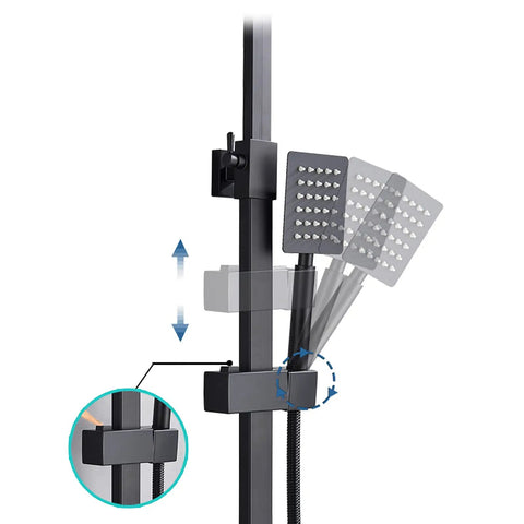 UMJIGF 8 Inch Black Shower System Thermostatic Waterfall Shower Faucet Set features adjustable handheld shower head holder.
