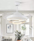 Modern 42 Inch Retractable LED Ceiling Fan With Wireless Remote Control, mounted in a bright room with large windows.