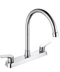 Heavy Duty Two Handle Kitchen Sink Faucet Slick Chrome Finish 360 Swivel High Arch Design Three Hole Deck Mount Tap Tough Stainless Steel Body.