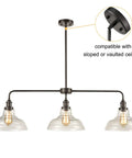 Industrial Glass Island Pendant Light In Oil Rubbed Bronze with clear glass shades, ceiling-compatible for contemporary homes.