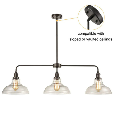 Industrial Glass Island Pendant Light In Oil Rubbed Bronze with clear glass shades, ceiling-compatible for contemporary homes.