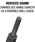 Reduced shank drill bit to expand size range capacity of portable drill chuck. Black finish and solid design.