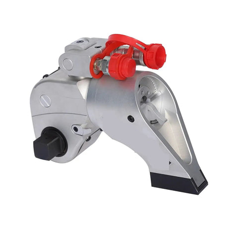 Heavy Duty Rock Solid Aluminum Alloy Hydraulic Torque Wrench With Slick Swivel Joint For Zero Fuss Fastening And Knockout Torque Range From 436 To 4364 Nm, angled view showing hydraulic connections.