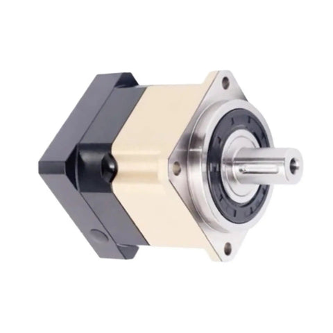 Heavy Duty Precision Planetary Reduction Gearbox With Helical Gears And Badass Torque For Stepper Servo Motors side view showing robust design and output shaft.