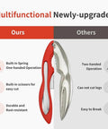 Two-Pack Crab Crackers And Tools Set With Built-In Cutter showing comparison of red tool with built-in spring to standard cracker.