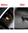 Before and after installation of Hex Style Aluminum Tire Valve Stem Caps Universal Fit For Schrader Valves 4 Pack on wheel rim.