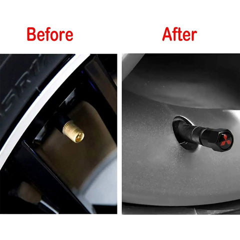 Before and after installation of Hex Style Aluminum Tire Valve Stem Caps Universal Fit For Schrader Valves 4 Pack on wheel rim.