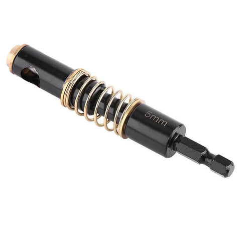 Side view of 5mm center drill bit with 1/4 inch hex shank and coil spring, woodworking tool